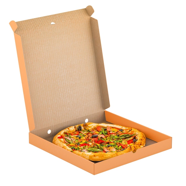 PSD boîte à pizza ouverte avec un rendu 3d de pizza isolé sur un fond transparent