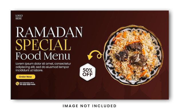 PSD une boîte pour le menu spécial du ramadan avec une photo de la nourriture dessus.