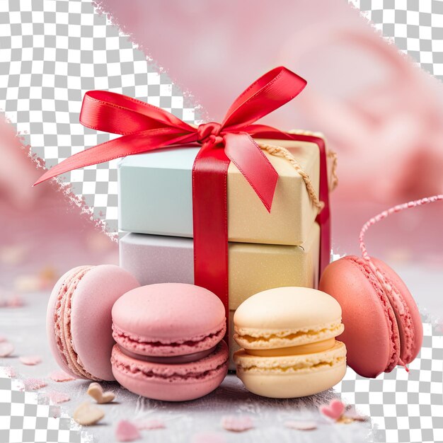 PSD la boîte rose sur le thème de la saint-valentin contient 4 macaroons colorés avec un cœur rouge et un arc sur un fond transparent