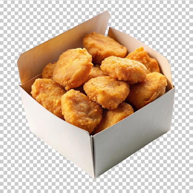 une boîte avec de savoureux nuggets de poulet sur fond blanc