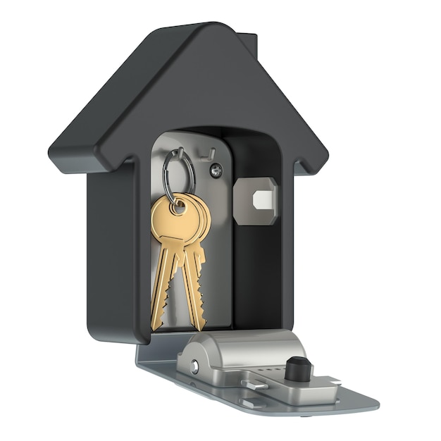 Boîte de serrure de sécurité avec code numérique et clés à l'intérieur pour le stockage et le transfert de clés maison en forme de rendu 3D isolé sur un fond transparent