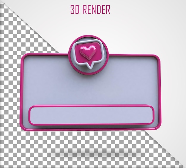 PSD boîte de texte avec bouton rendu 3d en blanc et rose avec réaction cardiaque