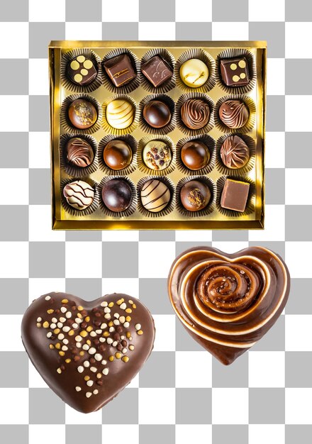 Boîte De Truffes Au Chocolat Valentines Avec Une Paire De Beignets En Forme De Cœur Au Chocolat Sur Transparent.