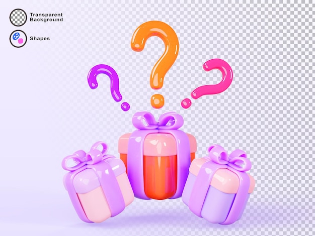 Boîtes cadeaux mystérieuses avec des signes d'interrogation sur fond violet icônes de rendu 3D Colors fermés paquets de cadeaux avec un arc de ruban et des signes de bonus ou de prix Game draw surprise loterie gagne