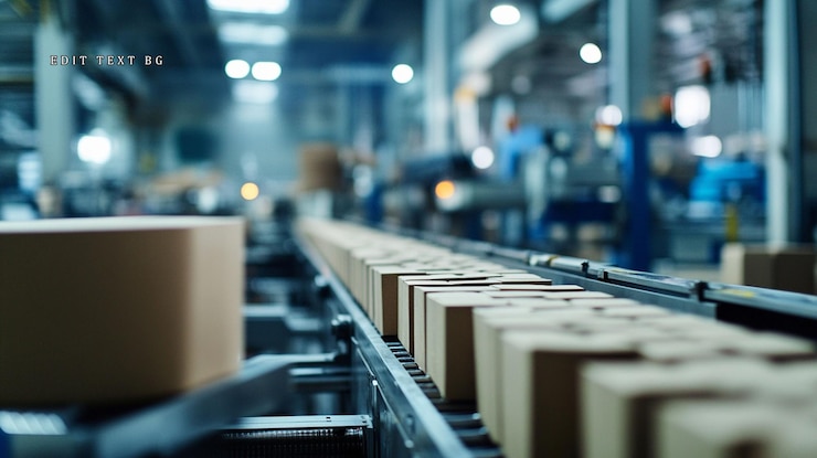 PSD des boîtes en carton qui se déplacent sur un convoyeur dans une usine
