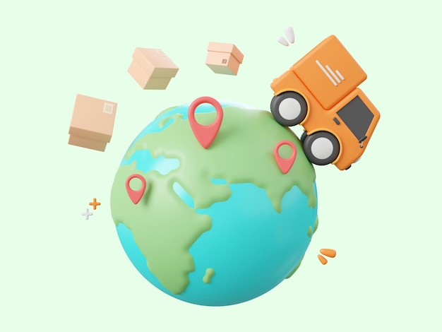 PSD boîtes de colis d'expédition de camion de livraison avec épingle sur globe concept de service d'achat et de livraison mondial