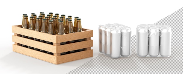 Boîtes de conserve dans une pellicule plastique et boîte en bois Bouteilles en verre pleines Vue avant et angle de la bière Maquette de bocaux en métal dans un emballage transparent et une caisse en bois avec des boissons alcoolisées sur fond blanc Illustration 3D