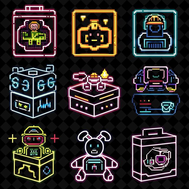PSD boîtes de jouets ludiques 8 bits pixel avec des personnages de dessins animés et br png collection de design unique y2k