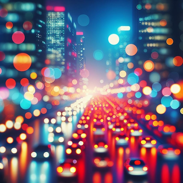 PSD bokeh hiperrealista vibrante tráfego de carros colorido rua cidade hora de ponta fundo fundo
