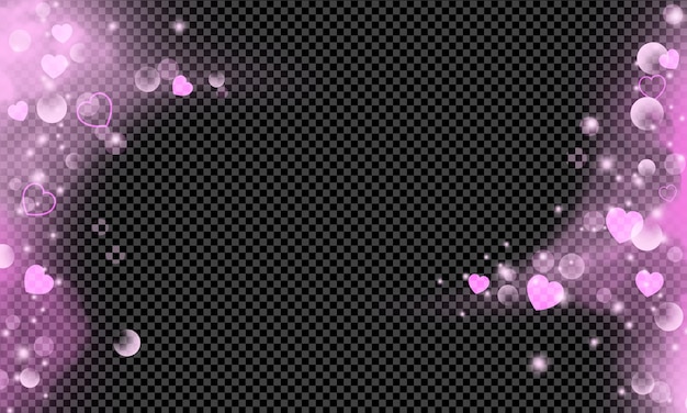 Bokeh de luz rosa brillante y superposición de corazones