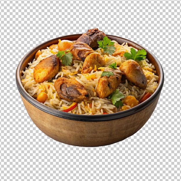 Un Bol De Biryani Avec Un Morceau De Poulet Sur Un Transpa