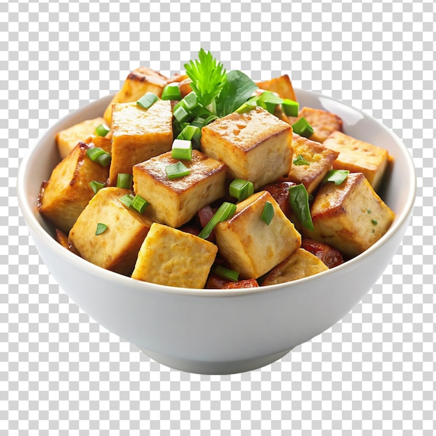 PSD un bol blanc sur du tofu frit isolé sur un fond transparent