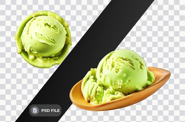 PSD un bol en bois avec de la crème glacée verte et un ruban noir autour