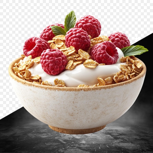 un bol de céréales avec des framboises et du lait
