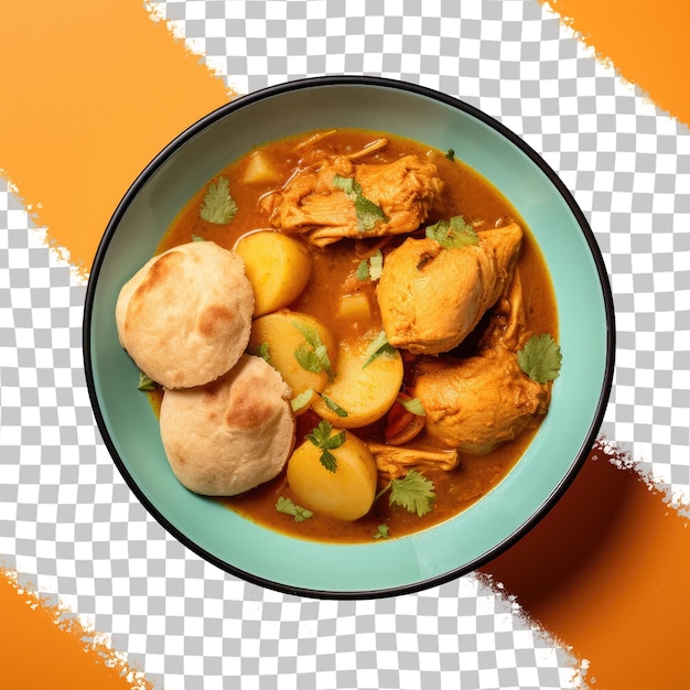PSD bol de comida de conforto de curry de frango com batatas e pão em um pano de fundo transparente