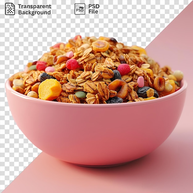 PSD un bol de granola croustillant sur un fond rose