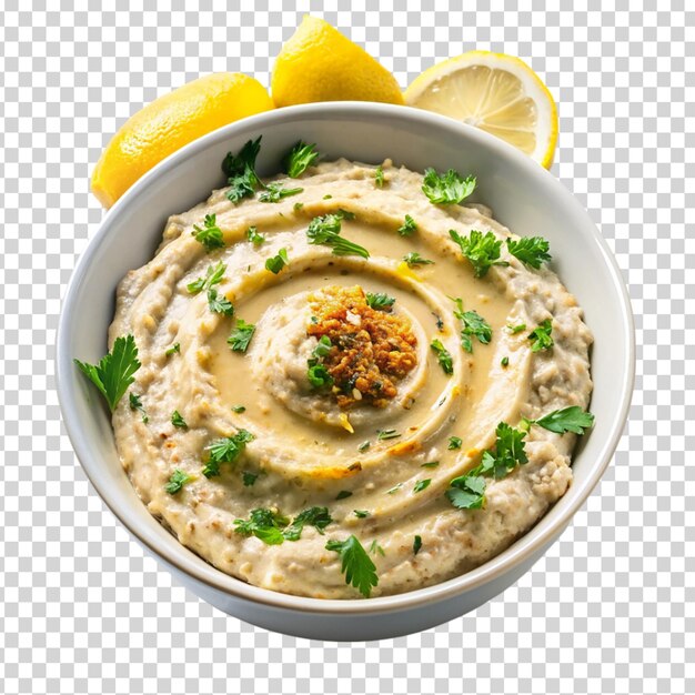 PSD un bol de houmous avec une herbe verte sur un fond transparent