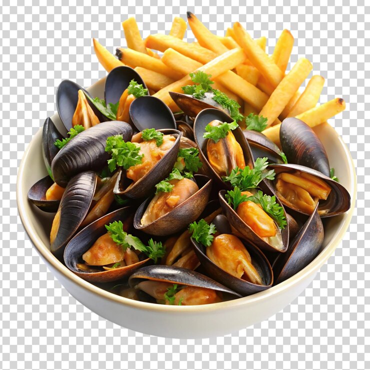 Un bol de moules et de frites sur un fond transparent