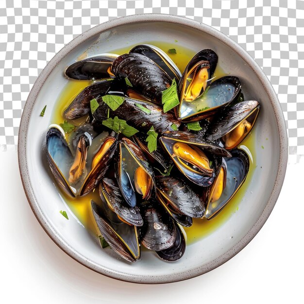 PSD un bol de moules avec un liquide jaune dedans