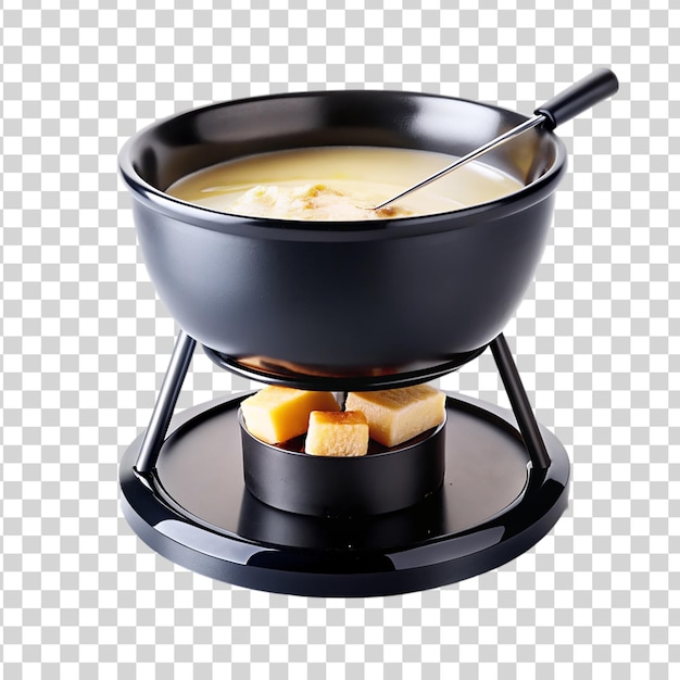 Un bol noir sur une fondue au fromage isolé sur un fond transparent