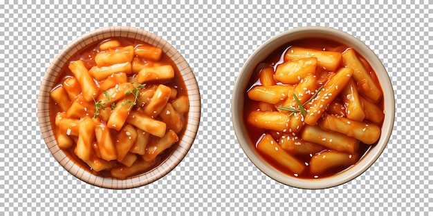 PSD bol de nourriture coréenne tteokbokki isolé sur un fond transparent vue de dessus