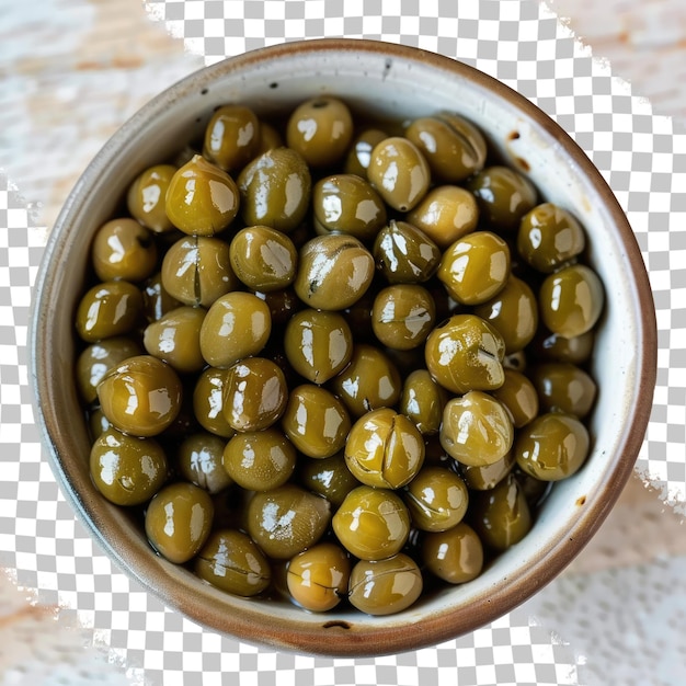 PSD un bol d'olives vertes sur un fond blanc avec un motif à l'intérieur du bol