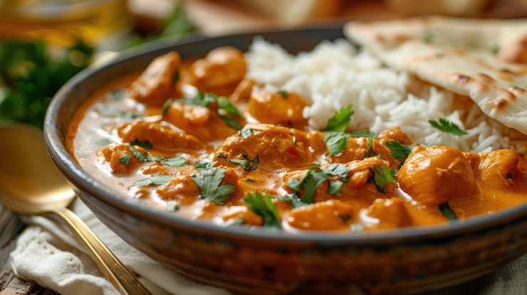 PSD un bol de pollo tikka masala con arroz y pan naan