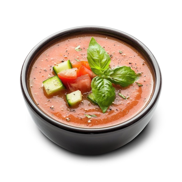 Un bol de porcelaine noire avec du gazpacho et des morceaux de tomate au concombre et de basilic