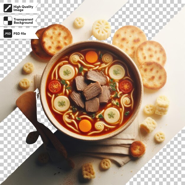 PSD un bol psd de soupe de légumes avec des champignons et de la viande sur un fond transparent avec un laye de masque éditable