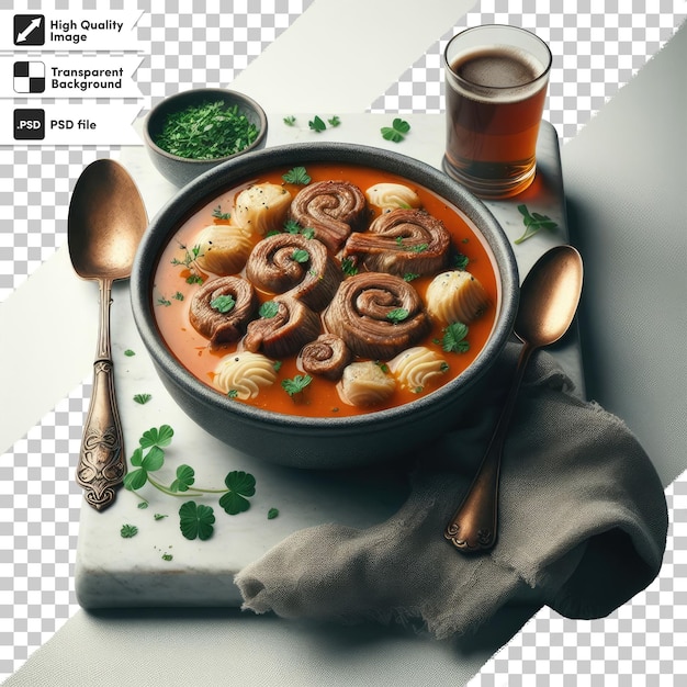 PSD un bol psd de soupe de légumes avec des champignons et de la viande sur un fond transparent avec un laye de masque éditable