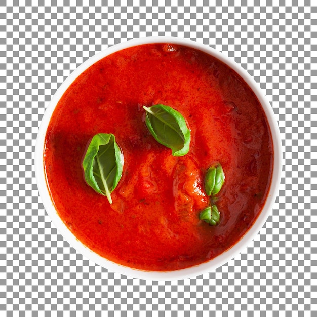 Bol de sauce tomate aux feuilles de basilic sur fond transparent