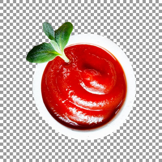 PSD bol de sauce tomate avec une feuille sur fond transparent