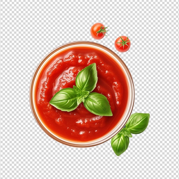 PSD un bol de sauce tomate avec des feuilles de basilic sur un fond blanc transparent