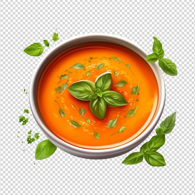 PSD un bol de soupe de carotte avec des feuilles vertes sur un fond blanc transparent