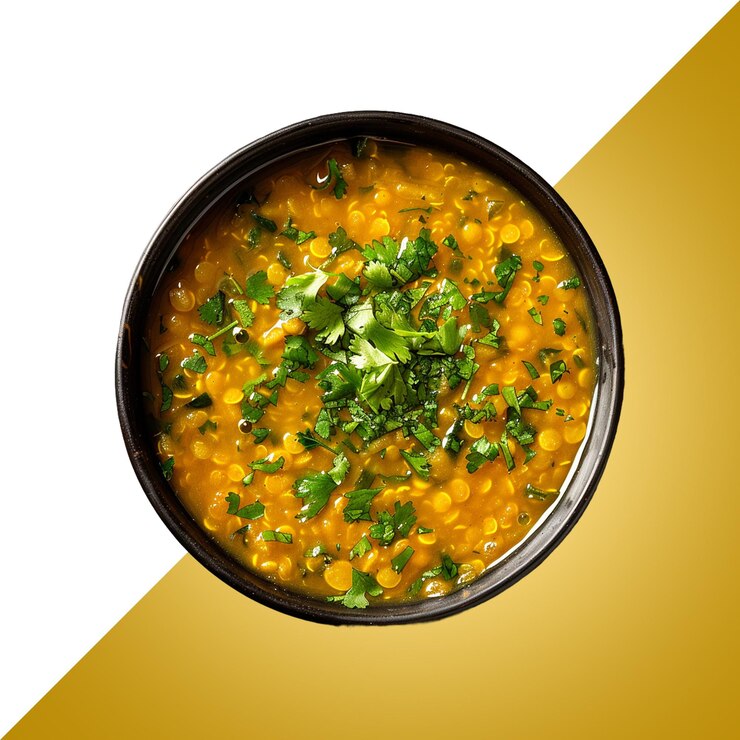 PSD un bol de soupe avec un fond jaune avec une image de haricots et un fond jaume