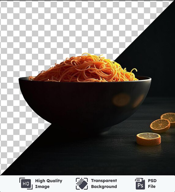 Un Bol Transparent De Spaghettis Et D'oranges Tranchées Sur Une Table Noire