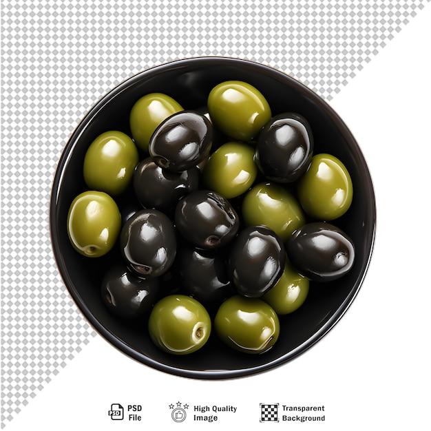 PSD bol en verre d'olives marinées isolées sur un fond transparent