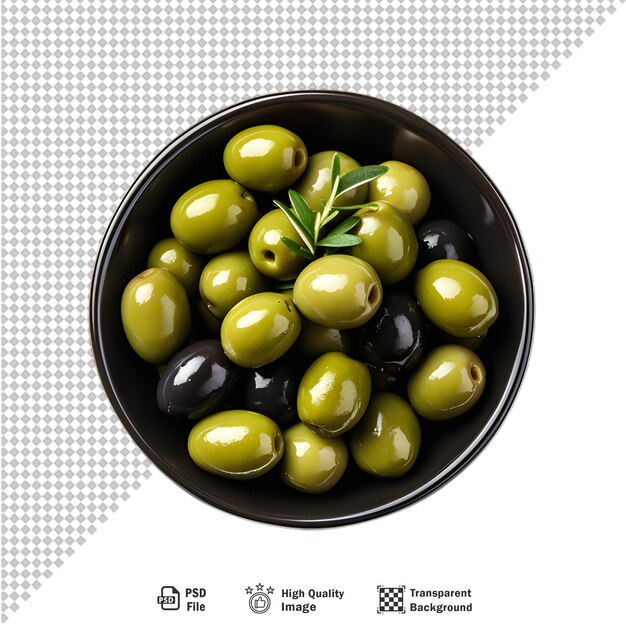 PSD bol en verre d'olives marinées isolées sur un fond transparent