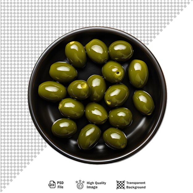 PSD bol en verre d'olives marinées isolées sur un fond transparent