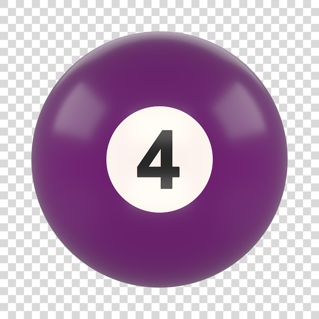 Bola de billar número cuatro color púrpura aislada sobre fondo blanco bola de billar brillante renderizado en 3D