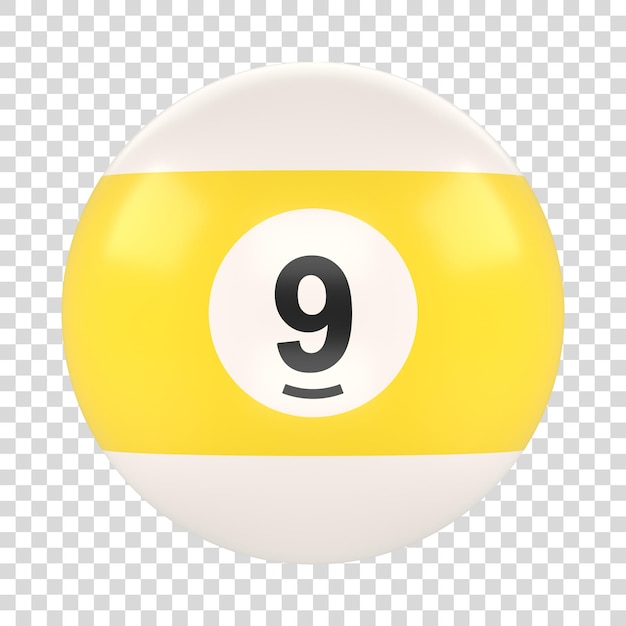 Bola de billar número nueve en color amarillo y blanco aislada sobre fondo blanco 3D render