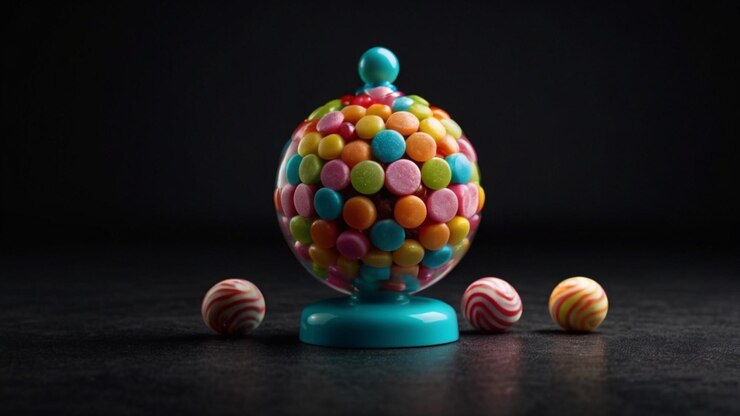 PSD una bola de caramelo azul con una parte superior azul se sienta en una mesa negra