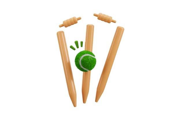 Bola de cricket con icono de sello 3d render concepto de troncos lanzados ilustración de icono de acción de cricket