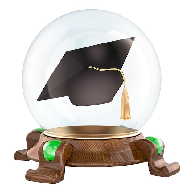 Bola de cristal con sombrero educativo dentro de una representación 3D aislada sobre un fondo transparente