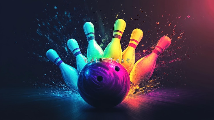 PSD bola de bowling colorida derrubando pinos com salpicos vibrantes 1