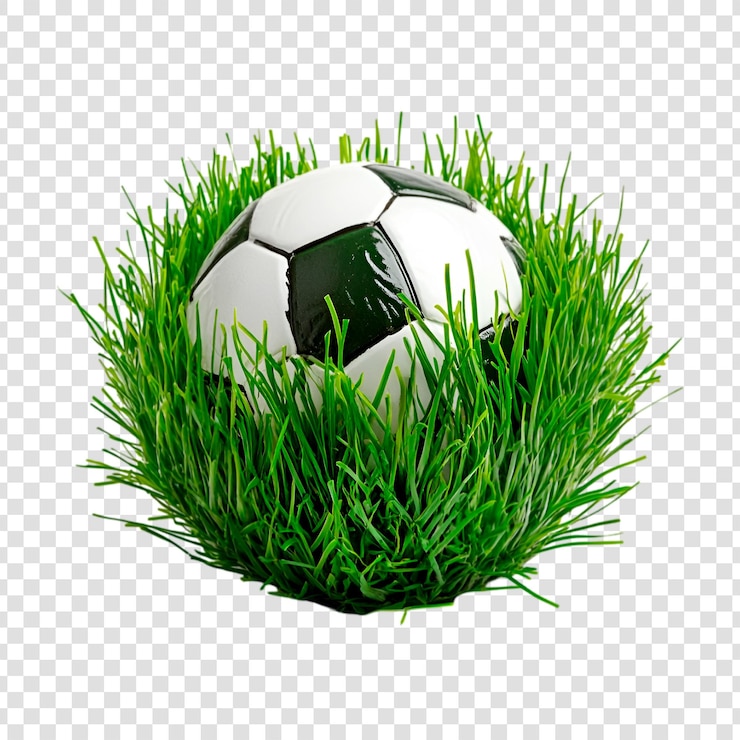 PSD bola de futebol aninhada num leito de grama verde fresca