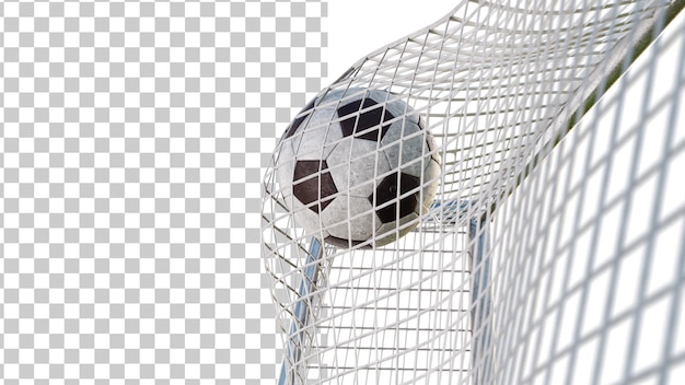 PSD bola de futebol do campeonato mundial de futebol na rede do gol a bola de futebol voa para o gol renderização em 3d