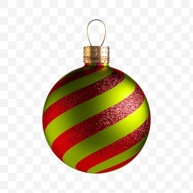 Bola de Natal vermelha brilhante com elemento dourado e listras verdes