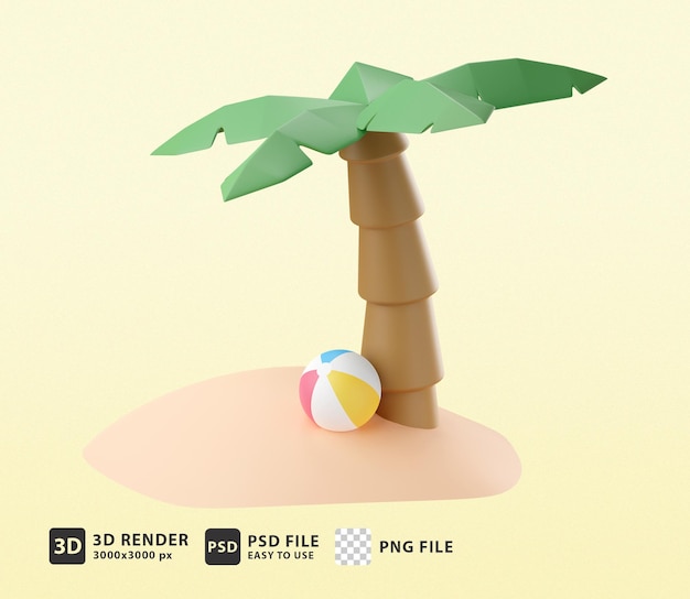 bola de praia de ilustração de verão 3d com palmeira de coco