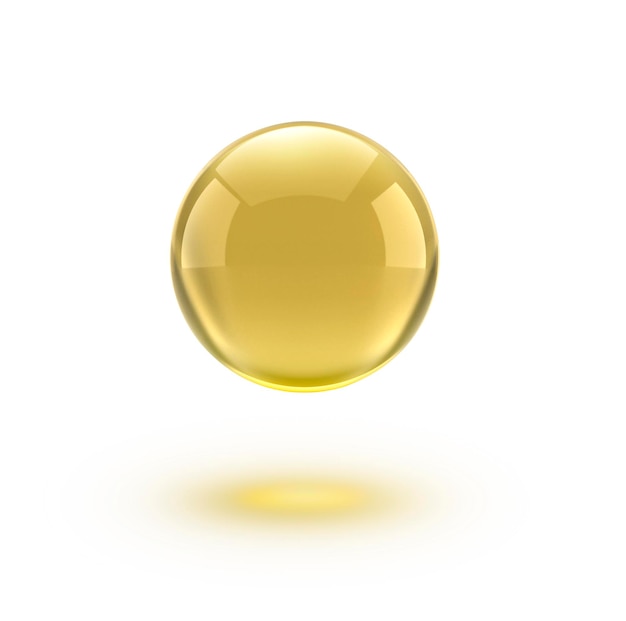 Bola de vidro de ouro de óleo isolada em vetor sobre fundo branco Cápsula de pílula cosmética de vitamina E A óleo